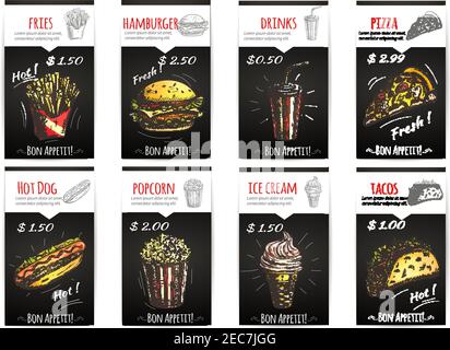 Fastfood-Menüposter mit Beschreibung und Preisschild. Isolierte Skizzensymbole Elemente von Pommes Frites, Hamburger, Getränke, Pizza, Hot Dog, Popcorn, Eis Stock Vektor