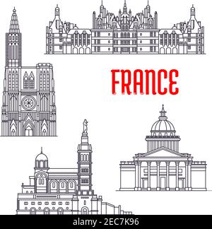 Historische Architektur Gebäude von Frankreich. Vektor dünne Linie Ikonen des Pantheon, Chateau de Chambord, Basilique Notre Dame de La Garde, Strasbourg Cathe Stock Vektor