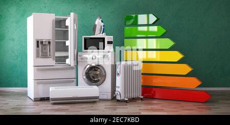 Energieeffizienz von Haushaltsküchengeräten Konzept. 3D Abbildung Stockfoto