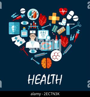 Medizinische Symbole Infografik Poster in Herzform. Vektor-Symbole für medizinische Geräte Spritze, Skalpell, Krankenschwester, Pille, Zahn, Röntgen, Stethoskop, amb Stock Vektor