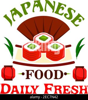 Japanische Essensikone. Sushi, Maki, Brötchen Label. Symbol der orientalischen Küche für Restaurant, Restaurant und Menü. Werbeaufkleber für Türschild, Plakat Stock Vektor