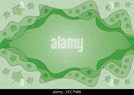 3D Hintergrunddarstellung des Papiers Ausschneiden von Kurvenlagen in grüner Farbe mit Ahornblättern. Stockfoto