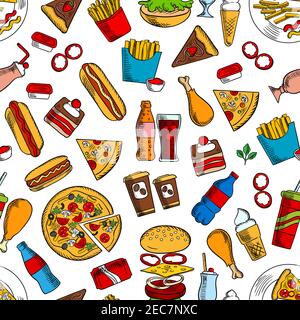 Fast Food nahtloser Hintergrund. Tapete mit Vektor-Muster von Snacks und Getränke Ikonen Hamburger, Cheeseburger, Cola, Pommes, Hot Dog, Pizza, Eis Crea Stock Vektor
