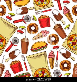 Fastfood-Snacks, Getränke und Desserts. Nahtloses Muster Hintergrund. Tapete mit Farbskizze Ikonen von Hot Dog, Pizza, Eis, Donut, Kaffee, Chi Stock Vektor