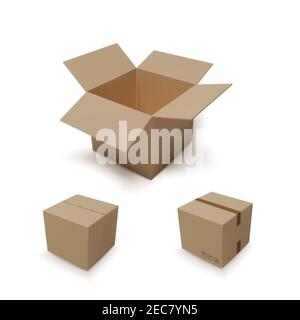 Isometrische Box öffnen und Paket schließen. Realistischer Karton. Vektor Stock Vektor