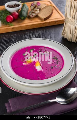 Rosafarbene Creme-Suppe aus Rote Bete, mit Ei, gehackter Gurke und Fenchel, kalt auf weißem Teller serviert Stockfoto