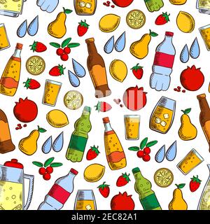 Muster von Früchten und kalten Getränken mit nahtlosen Hintergrund von alkoholfreien Getränken, Saft und Wasserflaschen, Limonade Glas, frische Erdbeere, Zitrone, Birne, po Stock Vektor
