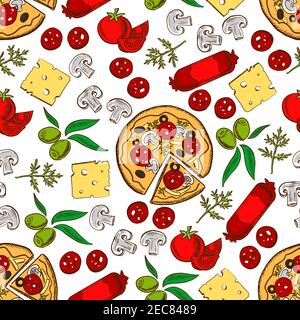 Italienische Küche Pizza und Topping Zutaten nahtlose Muster mit Pizza, Tomatengemüse, Käse, Pilz, grüne Olivenfrüchte, Wurst und frische di Stock Vektor