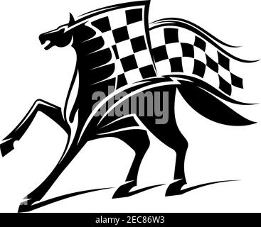 Pferd mit karierter Flagge. Pferderennen Vektor Emblem für Autorennen Symbol, Sport Club Label, Buchmacher Schild, Team Schild, Abzeichen Stock Vektor