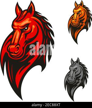 Rot flammende Pferdekopf Maskottchen mit verrückten und kraftvollen Hengstpferd. Sportwettkampfabzeichen oder Sportverein-Symbol-Design Stock Vektor