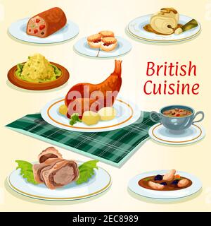 Britische Küche beliebte Gerichte Ikone mit Rindfleisch wellington in Konditorei, schottische Hühnersuppe mit Pflaumen, Kaninchen mit Kartoffeln, Obstkuchen, Nierensou Stock Vektor