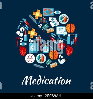 Symbole für Medikamente und medizinische Geräte in Form einer Pille mit Spritze, Thermometer, Medikament, Herz, Gehirn, Auge, Blutteströhre, Schädel-Röntgenaufnahme, Baby-Kult Stock Vektor