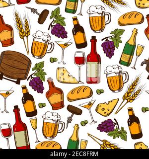 Alkoholische Getränke, Cocktails und Snacks nahtlos Muster auf weißem Hintergrund mit Wein, Bier, Champagner, Whisky-Flaschen und Gläser mit Trauben und Oliv Stock Vektor