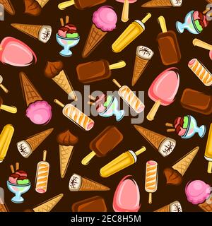 Eisdesserts Nahtloses Muster mit Erdbeer- und Schokoladeneis-Kegel und -Stick, fruchtigen Popsicle- und Eisbecher-Desserts auf braunem Hintergrund. D Stock Vektor