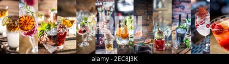 Collage von verschiedenen Cocktails auf der ganzen Welt. Beste Mixgetränke - Old Fashioned Mojito Negroni Daiquiri Aperol Spritz etc. Set 1 von 3. Stockfoto