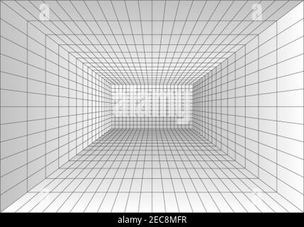 Perspektivischer Rasterraum. Abstrakter Wireframe-Würfel. Digitale Datenvisualisierung. Vektorgrafik Stock Vektor