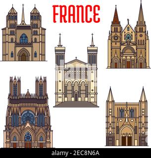 Reisen Wahrzeichen der französischen gotischen Architektur Ikone mit linearen Kirche Saint-Nizier, Basilique de Fourviere, Reims Kathedrale, römisch-katholischen Dijon Stock Vektor