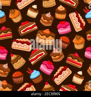 Schokoladenkuchen und Cupcake nahtloses Muster verziert mit frischen Erdbeer- und Kirschfrüchten, Beeren-, Karamell- und Minzcreme, Marmelade und Schokoladensoße auf Stock Vektor