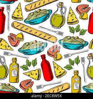 Italienische Küche nahtlose Muster aus Pasta, Käse, Olivenöl, Brotstock, Lachssteak und Rotwein Flaschen auf weißem Hintergrund mit Basilikumblättern und Stock Vektor