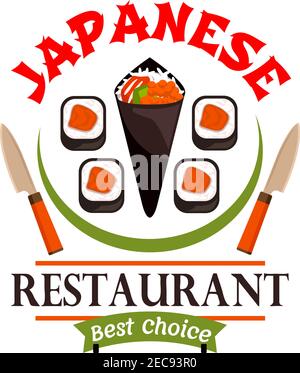 Japanische Küche Restaurant Ikone. Sushi, Frühlingsrollen, Messer. Orientalische Küche Label für Bar, Restaurant-Menü. Werbeaufkleber für Türschild, poste Stock Vektor