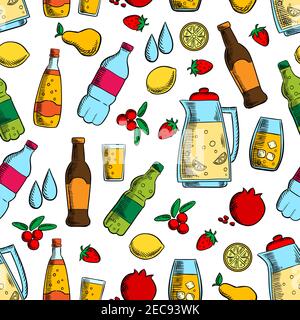 Alkoholfreie Getränke mit Früchten nahtlose Muster aus Wasser, Saft, Soda und alkoholfreie Getränke, Krug mit frischer Limonade auf weißem Hintergrund mit Zitrone, stra Stock Vektor