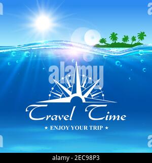 Poster zur Reisezeit. Sommer Reise Reise Hintergrund mit Meerwasser, strahlende Sonne, tropische Palmeninsel und Kompass. Vorlage für Banner, Werbung, ein Stock Vektor