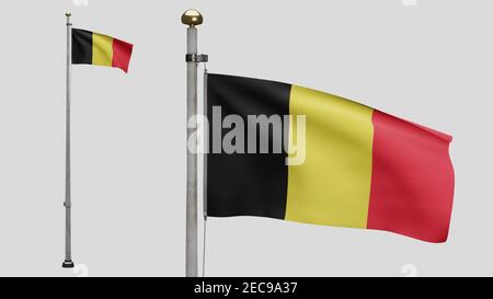 3D Illustration Belgische Flagge winkt im Wind. Nahaufnahme von Belgien Banner weht, weiche und glatte Seide. Stoff Stoff Textur Fähnrich Hintergrund. Verwenden Sie es Stockfoto