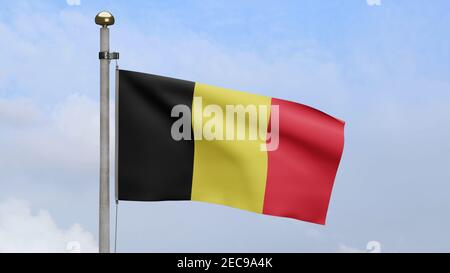 3D Illustration Belgische Flagge winkt im Wind. Nahaufnahme von Belgien Banner weht, weiche und glatte Seide. Stoff Stoff Textur Fähnrich Hintergrund. Verwenden Sie es Stockfoto