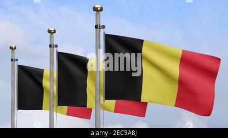 3D Illustration Belgische Flagge winkt im Wind. Nahaufnahme von Belgien Banner weht, weiche und glatte Seide. Stoff Stoff Textur Fähnrich Hintergrund. Verwenden Sie es Stockfoto