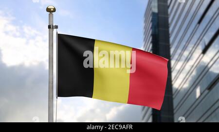 3D Illustration Belgische Flagge winkt im Wind in der modernen Stadt. Belgien Banner weht, weiche und glatte Seide. Stoff Stoff Textur Fähnrich Hintergrund. Verwenden Stockfoto
