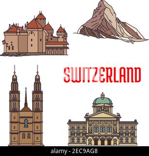 Historische Bauwerke der Schweiz. Detailreiche Ikonen von Bundespalast, Matterhorn, Schloss Chillon, Grossmunster. Schweizer Showplaces und Landm Stock Vektor