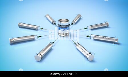 Massenimpfung gegen Covid-19-Konzept: Mehrere Spritzen weisen auf eine Flasche Covid-19-Impfstoff hin. Stockfoto