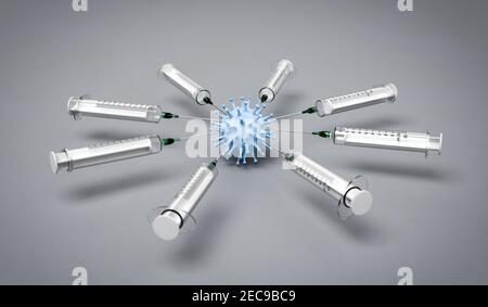 Massenimpfung gegen Covid-19-Konzept: Mehrere Spritzen weisen auf ein Modell eines SARS-CoV-2-Virus hin. Stockfoto