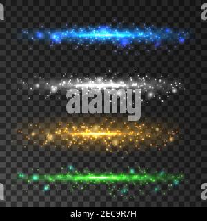 Glitzernde Lichtteilchen. Glitzernde Glitzerlinie. Grün, weiß, golden, blau Lichtreflexe funkelt auf transparentem Hintergrund Stock Vektor
