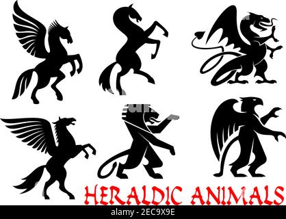 Heraldische mythische Tiere Ikonen. Vektor Silhouette Embleme. Griffin, Drache, Löwe, Pegasus, Pferd Heraldik für Tattoo, Schild Insignien Stock Vektor