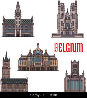 Berühmte historische Gebäude von Belgien. Vektor Detaillierte Ikonen des Genter Belfry, St. Bavo Kathedrale, St. Michael Kathedrale, Antwerpen Hauptbahnhof. Bel Stock Vektor