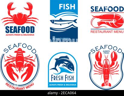 Symbole für Meeresfrüchte. Vector Embleme Set für Produktaufkleber, Firmenetikett, Restaurant-Menü. Grafische Symbole für Krabbe, Hering, Garnelen, Hummer, tun Stock Vektor