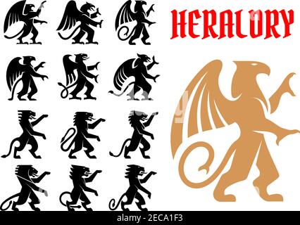 Heraldische mythische Tiere Ikonen Set. Vektor heraldry Emblem Silhouetten von Griffin, Drache, Löwe, Pegasus, Pferd für Tattoo, Schild Stock Vektor