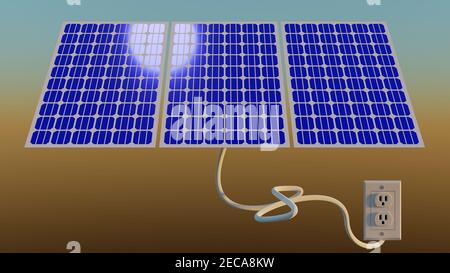 3D-Rendering von Photovoltaik-Sonnenkollektoren, die an eine Wandsteckdose angeschlossen sind, mit einem mathematischen Unendlichkeitszeichen, das durch das Netzkabel gebildet wird Stockfoto