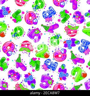 Geburtstagsfeier Hintergrund mit niedlichen Cartoon Alter Farbe Zahlen Symbole. Nahtlose Maskerade Tapete für Grußkarte, Dekoration, Geschenkverpackung Stock Vektor