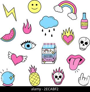 Sticker Vektorgrafik Satz. Doodle handgezeichnete zufällige Symbole in rosa, gelb und blau Farben. Isoliert. Stock Vektor