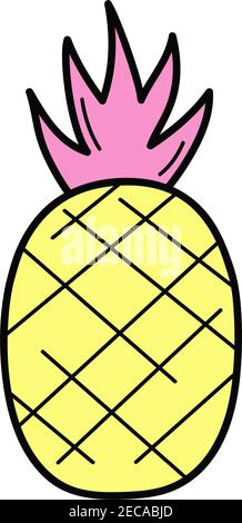 Ananas Vektorgrafik Symbol. Doodle Hand gezeichnet skizzierten Cartoon Sommer Ananas Frucht in rosa und gelben Farben. Isoliert. Stock Vektor