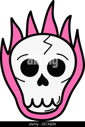 Schädel in Flammen Vektor Illustration Symbol. Doodle Hand gezeichnet skizzierten Cartoon Schädel auf rosa Feuer. Isoliert. Stock Vektor