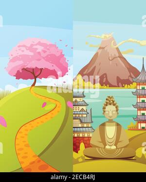 Japanische Kultur 2 vertikale Retro Cartoon Banner mit Kirsche gesetzt Blossom fuji Berg und buddha isoliert Vektor-Illustration Stock Vektor