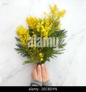 Ein Bouquet von gelben Mimosen Blumen auf einem Marmorboden. Konzept der Frauen oder Mütter Tag. Stockfoto