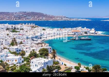 Mykonos, Griechenland. Panoramablick auf Mykonos Stadt, Kykladen Inseln. Stockfoto