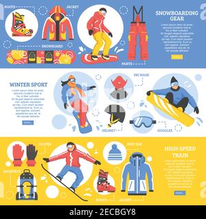 Snowboard horizontale Banner mit Werbung für Ausrüstung und Werkzeuge für Extreme Wintersport flache Vektor-Illustration Stock Vektor