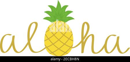 Aloha Ananas Vektor handgezeichnete Illustration. Gold Aloha Sommer schreiben mit bunten gelben und grünen Ananas innen, statt des Buchstabens o. Ist Stock Vektor