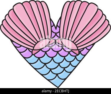 Meerjungfrau Herz Vektor handgezeichnete Illustration. Sommer Ozean, Meerjungfrau Kreatur Herz mit Muscheln und Schuppen. Isoliert. Stock Vektor