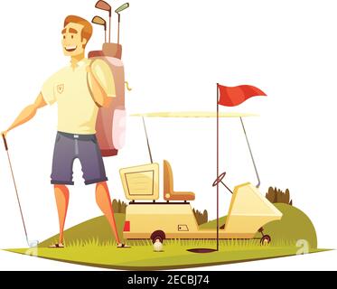 Golfspieler auf Platz mit Taschenwagen und Pin rot Flagge nahe Loch Retro Cartoon Vektor Illustration Stock Vektor